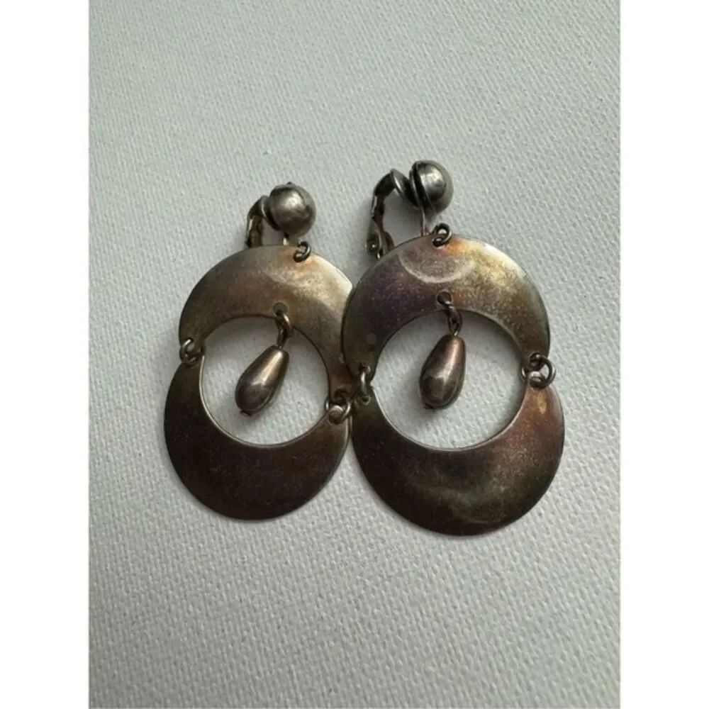 Vintage Womens Chunky Silver Tone Open Bead Dangle Clip On Earrings 80s 90s Y2K‎